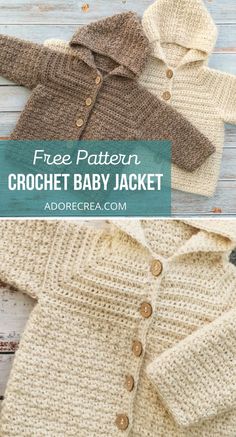 two knitted baby sweaters with buttons and text that reads, gratis opskitit hekelt baby jakke