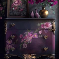 a purple dresser with flowers painted on it