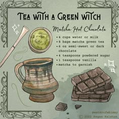 tea with a green witch matcha hot chocolate recipe and ingredients to make it look like they are melting