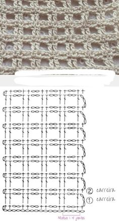 the crochet pattern is shown in white and beige, with two rows of stitchs