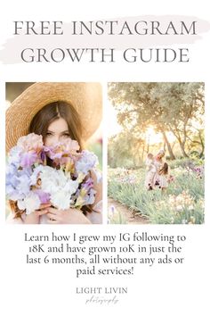 the free instagramm growth guide is shown with an image of a woman holding flowers