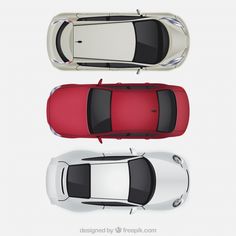 three cars are shown from above, one is white and the other is red in color