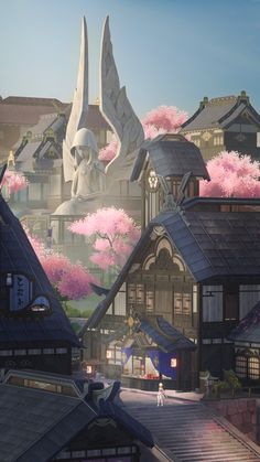 an anime scene with buildings and trees in the foreground, pink blossoms on the trees