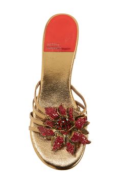 A rhinestone-drenched rose blossoms on the straps of a glossy sandal set on a wearable low heel. 1" heel (size 8.5) Synthetic upper/leather and synthetic lining/synthetic sole Imported Sandals Aesthetic, Red Sandals Heels, Cute Clothing Stores, Red Sandals, Clothing Stores, Dark Gold, Jeffrey Campbell, Business Ideas, Cute Shoes