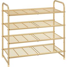 three tiered bamboo shelf with metal bars on the bottom and bottom shelves, gold