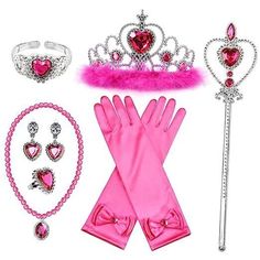 a set of princess accessories including gloves, tiara and bracelets with pink fur