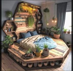 a bed made out of wooden pallets with plants on top and potted plants in the middle