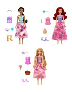 two dolls are shown with different outfits and accessories on them, one is wearing a dress