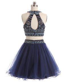 Shop cheap price beaded short halter two-piece blue prom dress online. Custom-made any size or color. Pro since 2009. Vintage Homecoming Dress, Blue Graduation Dresses, Vintage Homecoming Dresses, Junior Homecoming Dresses, 8th Grade Formal Dresses, Custom Made Prom Dress, Dresses For Juniors, Blue Prom Dress, Bridesmaid Dresses Online