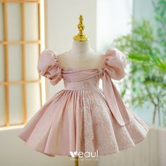 Chic / Beautiful Blushing Pink Beading Pearl Birthday Flower Girl Dresses 2023 Ball Gown Scoop Neck Puffy Short Sleeve Short Floral Applique Ball Gown For Banquets, Floral Applique Ball Gown For Banquet, Elegant Princess Dress For Spring Banquet, Elegant Spring Princess Dress For Banquet, Pink Floral Applique Dress For Banquet, Pink Princess Dress For Banquet, Elegant Floral Applique Ball Gown For Parties, Spring Princess Ball Gown For Banquet, Pink Princess Evening Dress For Pageant