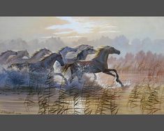 a painting of horses running in the water