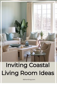 Coastal-themed living room with neutral tones, blue pillows, large plants, and bright windows.