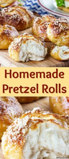 homemade pretzel rolls on a cutting board with the words homemade pretzel rolls