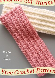 two crocheted headbands with text that reads cozy rib ear warmer free crochet pattern