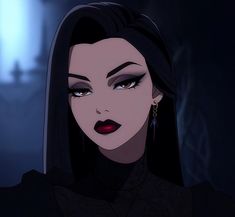 an animated woman with long black hair and dark makeup looks at the camera while standing in a dimly lit room