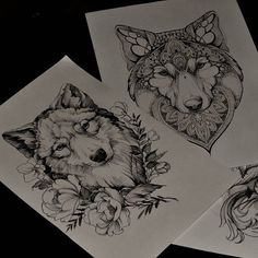 three drawings of wolfs with flowers and leaves on them, all in black and white