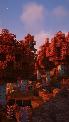 an image of some trees and bushes in minecraft with the sky in the background