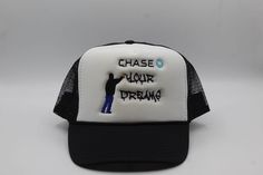 chase your dreams custom trucker hat adjustable one size fits all black and white foam colorway Customizable White Trucker Hat For Streetwear, Customizable Snapback Trucker Hat For Streetwear, Customizable Black Trucker Hat For Streetwear, Customizable Adjustable Trucker Hat For Streetwear, Custom Trucker Hats, Chase Your Dreams, Trucker Cap, One Size Fits All, All Black