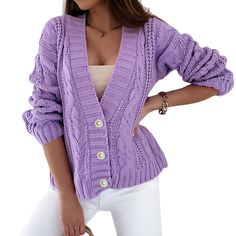 Purple Chunky Wide Button Front Cardigan