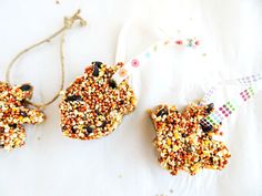 three bird seed treats hanging from strings on a white tablecloth with beads and string