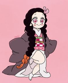 a drawing of a girl with long black hair and pink eyes, wearing a white dress