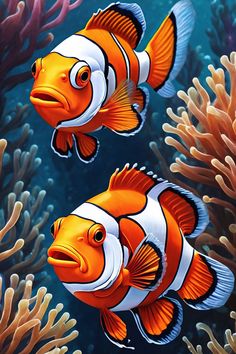 two clown fish swimming in the ocean with corals and sea anemones behind them