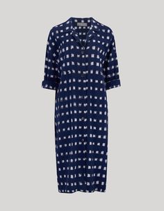 a blue and white checkered shirt dress