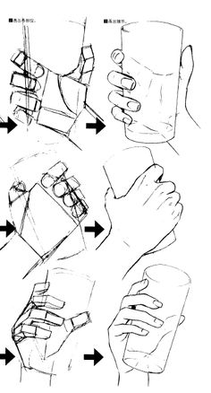 the drawing shows how to draw hands with different angles and positions, including one hand holding something