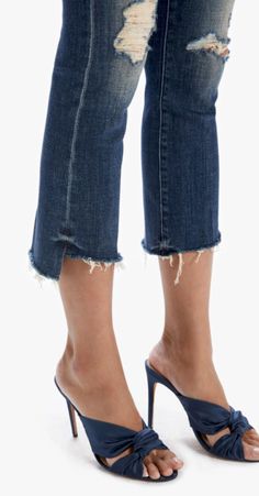 Flower power. This iconic high-waisted bootcut is cropped at the ankle with a frayed step-hem. Cut from stretch denim in a classic indigo wash with holes at the knees and destroyed details. Frayed Jeans, Stretch Denim, Flower Power, Heeled Mules, Mule Shoe, Wicked, High Waisted, Heels