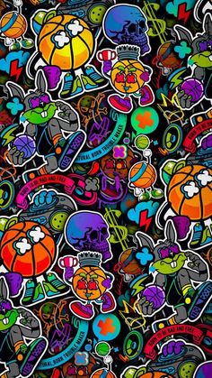 many different colored stickers on a black background, all in various shapes and sizes