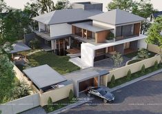 an artist's rendering of a modern house in the middle of a residential area