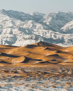 the mountains are covered with snow and sand dunes in front of them is a desert landscape