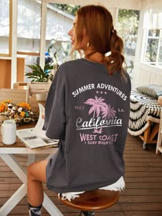 Dark Grey Casual  Half Sleeve Cotton Letter,Tropical  Embellished Slight Stretch Summer Women Tops, Blouses & Tee Cheap Summer T-shirt With Letter Print, Cheap Graphic Tee For Beach Season, Cheap Tropical Print Graphic Tee, Affordable Tropical Print Graphic Tee, Cheap Slogan T-shirt For Vacation, Cheap Summer Tops With Logo Lettering, Cheap Graphic Tee With Palm Tree Print, Cheap Beachwear Tops With Letter Print, Cheap Vacation Tops With Text Print