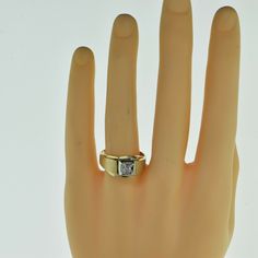 14K Yellow Gold Diamond Ring, brushed finish, top shank, white gold square top prong set, center diamond round brilliant cut, 3.6mm center, 3/8th inch across, Ring size 11 3/4, Circa 1950, 8.6 grams SKU # BB278MR16 This listing contains photographs of the actual item you will receive. Our items are in excellent condition with little or no signs of wear and many are one of a kind pre-owned estate finds. Please look closely at the pictures in this listing as they are part of the product descriptio Formal White Gold Signet Ring With Single Diamond, Classic Square Cut Ring With Tension Setting, Classic Square Cut Diamond Ring With Tension Setting, Classic Square Cut Single Diamond Ring, Classic Square Cut Solitaire Diamond Ring, Rectangular Diamond Signet Ring For Anniversary, Modern Diamond Signet Ring Stamped 14k, Formal 14k Gold Square Cut Jewelry, Anniversary 14k Gold Square Cut Diamond Ring