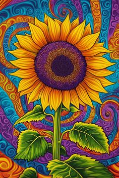 a painting of a sunflower with swirls in the background