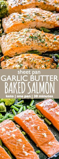 sheet pan garlic butter baked salmon with green beans and broccoli on the side