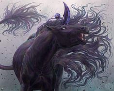 an artistic painting of a black bull with horns on it's head and hair blowing in the wind