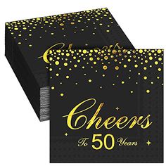 cheers to 50 years party napkins with gold confetti and stars on black paper