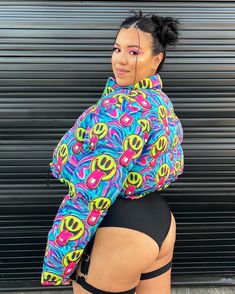 Surrender to the sensory overload brought by the Happy Hour Cropped Puffer Jacket! Dance with abandon, as the hypnotic visuals on this rave essential come to life, merging with the pulsating beats of the music. Bra Top is not included 80% Polyester, 20% Spandex Hand wash cold Do not bleach Hang Dry