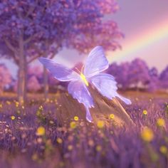 a white butterfly sitting on top of a tree stump in a field next to a rainbow