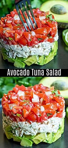 avocado tuna salad with tomatoes and cucumber on the side is shown