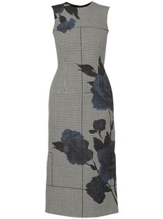 navy blue virgin wool/silk layered design houndstooth pattern floral print concealed rear zip fastening round neck sleeveless mid-length straight hem 2000s Fashion Inspiration, Smart Casual Work Outfit Women, Outfits 2000s, Midi Dress Blue, Knitwear Fashion, Floral Print Midi Dress, Midi Sheath Dress, Black Midi, Dresses Uk