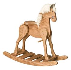 a wooden rocking horse with white hair on it's head