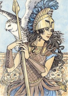 a drawing of a woman with an owl on her shoulder and holding a spear in one hand