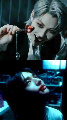 two pictures of a woman with blood dripping from her mouth and the same person holding a spoon