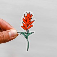 a hand is holding a sticker with an orange flower in the middle of it