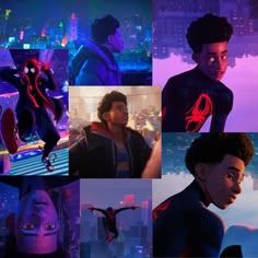 spider - man into the spider - verse collaged in multiple pictures with city lights