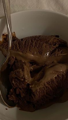 a bowl filled with chocolate ice cream and a spoon in the bowl next to it