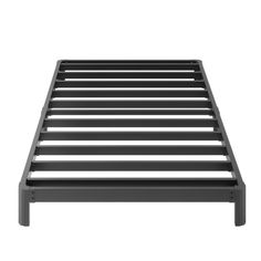 a black metal bed frame with no headboard and foot board is shown in front of a white background