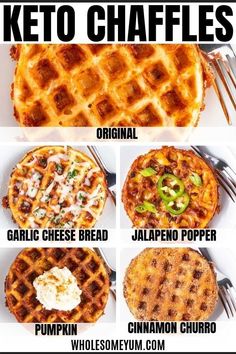 four different types of waffles with the words keto chaffles on them